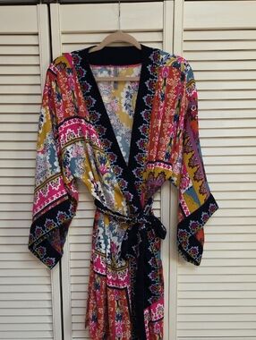Anthropologie Multicolor Floral Patchwork Kimono Robe - Pink, Mustard & Black